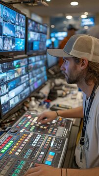 A broadcast specialist controls the live stream and ensures high-quality material by operating a video switcher panel surrounded by monitors showing several feeds.