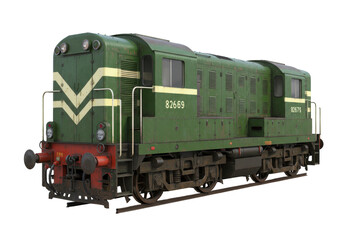 Obraz premium Isolated green old diesel electric locomotive carriage with numbers for train transport