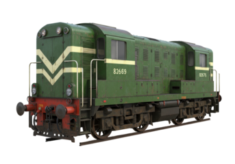 Isolated green old diesel electric locomotive carriage with numbers for train transport