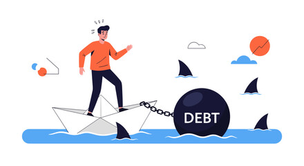A person struggling to stay afloat on a paper boat tied to a heavy debt ball surrounded by sharks.