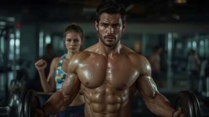 Fototapeta premium Intense Man Lifting Heavy Weights at the Gym While Woman Watches Determined to Reach Fitness Goals