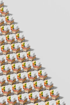 3d robots working at office desks with computers in a repetitive pattern