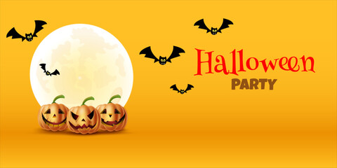 Halloween Party Banner with Pumpkin, Flying Bats, Full Moon on Orange Background