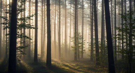 Sunlit forest with tall pine trees and a misty atmosphere light