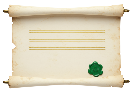 Isolated parchment scroll with a wax seal for writing a message or medieval certificate