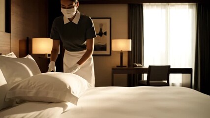 Housekeeper Carefully Arranging White Pillows on Bed in Hotel Room Wearing Mask and Gloves Demonstrating Hospitality and Hygiene Standards Service Industry Concept 1920s Era Vibe