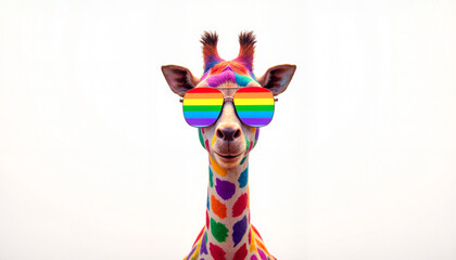 Colorful giraffe wearing rainbow sunglasses poses playfully against a white background