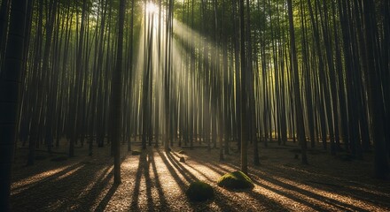 Sunbeams pierce dense bamboo forest canopy casting long shadows rays light