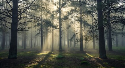 Sunbeams pierce foggy pine forest with mossy ground and ferns mist light