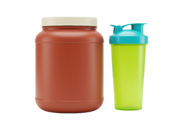 Isolated nutrition supplements still life showing protein powder and a shaker bottle, side view
