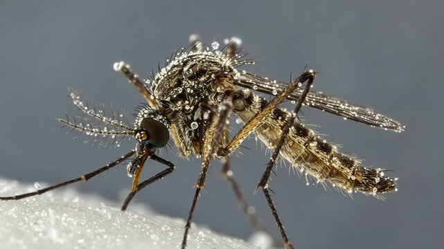 Closeup of a mosquito covered in water droplets on a surface