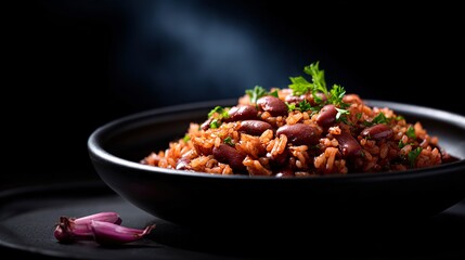 Elegant plated red beans and rice in matte black dish, dramatic spotlight studio setup, copy space