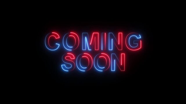 Glowing Coming soon text neon light effect animation on black background. month, Year, Day coming Effect Symbol. Banner on the rectangle neon text.