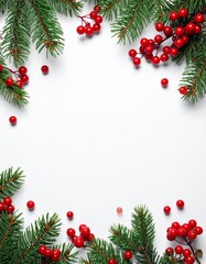 The Christmas holiday frame features a beautiful border of fir and pine tree branches, cones, and festive winter decorations