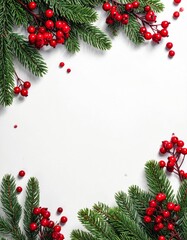 The Christmas holiday frame features a beautiful border of fir and pine tree branches, cones, and festive winter decorations