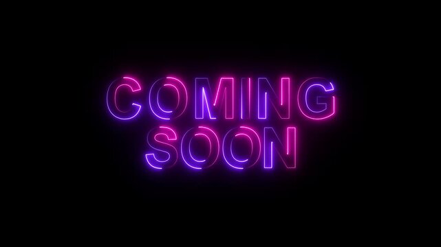 Glowing Coming soon text neon light effect animation on black background. month, Year, Day coming Effect Symbol. Banner on the rectangle neon text.