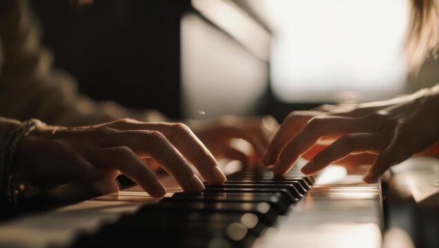 Close-up of hands playing a piano with soft lighting.