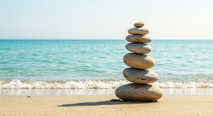 Find your inner peace with a balanced stone stack on a serene beach, perfect for meditation, mindfulness, and promoting tranquility and well-being