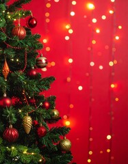 Festive christmas tree decorations with red and gold balls on pine branches for the winter holiday season