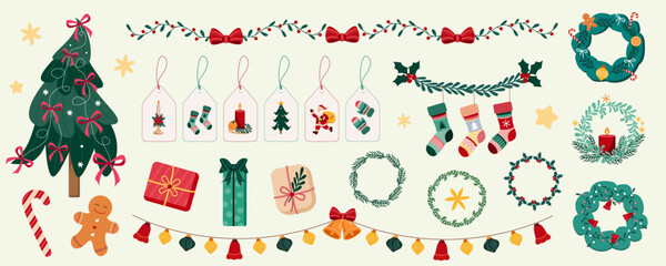 Nordic Christmas vector set with holiday decorations, gift box, wreath, garland, socks, New year tree, gingerbread man, bow, holly berries, stars. Design for card, wrapping paper, tag