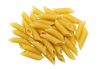 Isolated pile of raw uncooked penne pasta, Italian cuisine and healthy eating concept