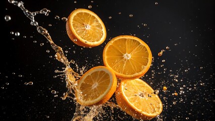 Fresh orange slices falling through water splashes against a dark background for a refreshing and vibrant citrus beverage concept