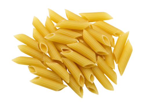 Isolated pile of raw uncooked penne pasta, Italian cuisine and healthy eating concept