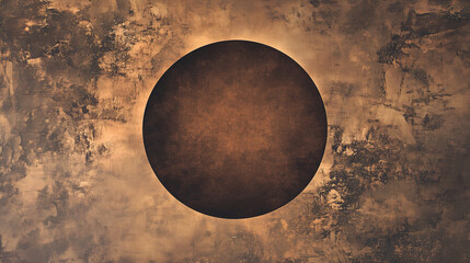 Dark central circle on a textured, rustic brown and black background.
