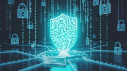 Cyber security concept with shield, fingerprint and digital binary code - Powered by Adobe
