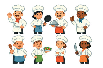 Culinary team in action at a kitchen for cooking event or class. Set of 6 vector illustration
