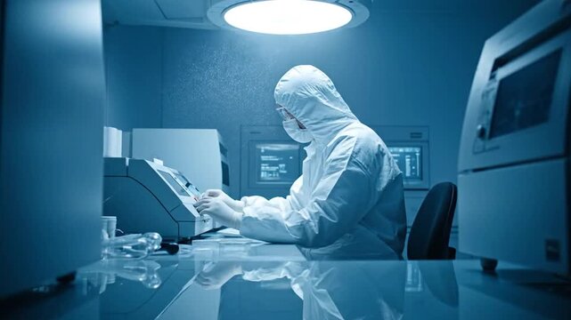 Lab Coated Scientist Conducts Research in Clean Room Environment Under Bright Overhead Lighting With Focus on Safety Protocols and Rigorous Scientific Examination With Complex Background Equipment