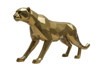 Isolated low poly cheetah statue, polygonal sculpture of a wild cat, gold stylized animal