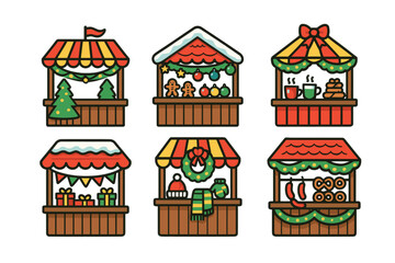 Obraz premium Festive holiday market stalls for seasonal celebration themes. Set of 6 vector illustration