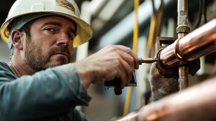 Skilled worker performing plumbing repairs in industrial facility during daylight hours - Powered by Adobe