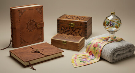 Still life arrangement of various handcrafted decorative items including embossed leather bound journals wooden carved boxes and painted glass ornaments