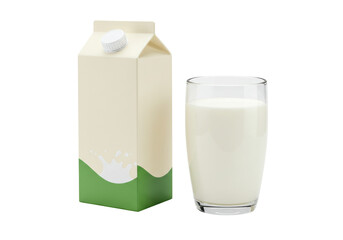 Isolated carton of fresh dairy milk with glass full of beverage on plain surface close up