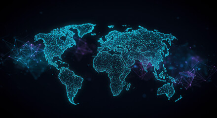 Digital representation of a glowing blue world map made of connected dots and lines over a dark background with abstract network geometry