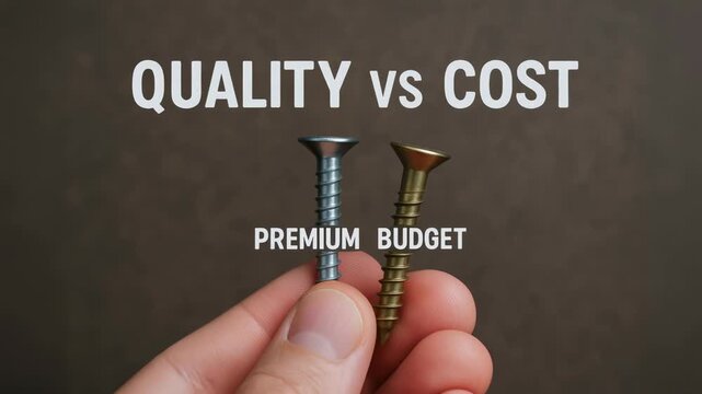 Quality cost balance concept combining premium and budget metal screws held by hand for product comparison and decision making choices