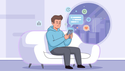 Modern man relaxing on a couch, engrossed in his smartphone, surrounded by a vibrant digital interface showcasing notifications, social media icons, and communication symbols, representing