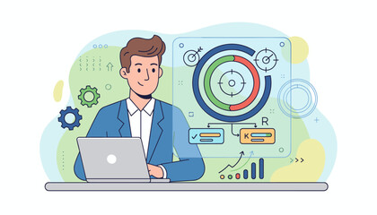 Modern flat illustration of a businessman working on a laptop, analyzing OKR (Objectives and Key Results) metrics on a futuristic dashboard with target circles, progress bars, and growth charts