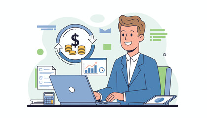 Modern flat illustration of a smiling businessman working on a laptop, surrounded by financial elements like coins, charts, calculator, and documents, representing payroll, business finance, and