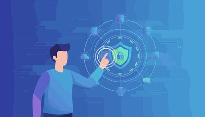 Modern flat illustration of a person interacting with a zero trust security icon, symbolizing digital protection, network security, and data privacy in a business context, with interconnected devices