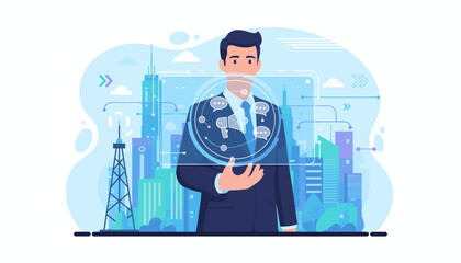 Modern businessman in a suit holding a holographic interface displaying communication icons like speech bubbles and a megaphone, set against a backdrop of a futuristic cityscape with abstract blue