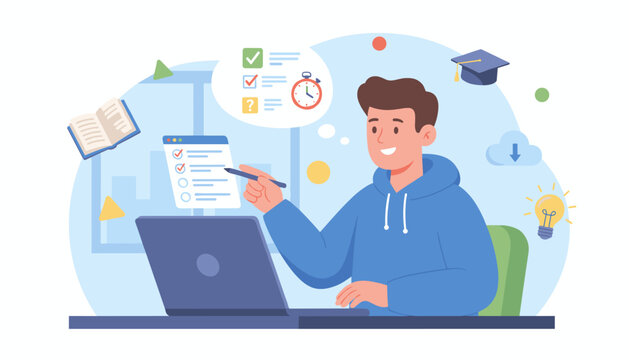 A young man in a blue hoodie is taking an online exam on his laptop, with icons representing education, assessment, and success floating around him, symbolizing the digital learning experience and