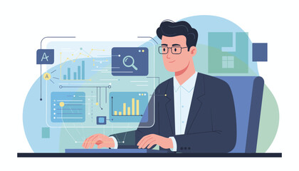 Modern businessman with glasses analyzing data and charts on a futuristic interface, utilizing an AI assistant for search and insights, representing business intelligence and digital transformation