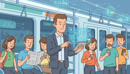 Transportation and logistic manager uses a tablet with a futuristic holographic interface to analyze data and manage operations while commuting on a modern train with diverse passengers interacting