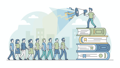 Vivid vector illustration depicting a man standing atop a stack of books, holding a megaphone and addressing a line of people walking forward, symbolizing leadership, education, and communication in
