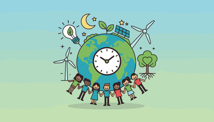 Vivid creative illustration of a clock on planet Earth surrounded by children holding hands, symbolizing global unity and the urgency of environmental protection, with renewable energy sources like