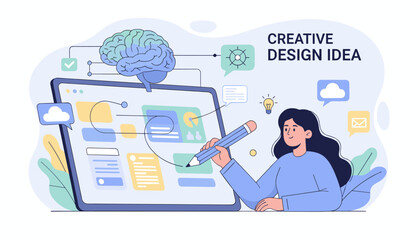 Creative Design Idea: A woman designer uses a large pencil to sketch an interface on a tablet, symbolizing innovation and brainstorming, with a brain graphic and cloud icons representing digital