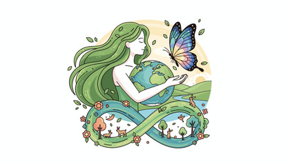 Vibrant illustration of Mother Earth, a serene woman with flowing green hair, cradling the planet in her hands, with a colorful butterfly fluttering nearby, symbolizing nature's delicate balance and